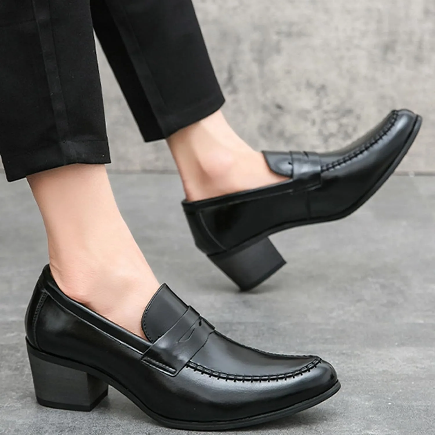 Men's Leather Block Mid-Heel Slip-On Formal Loafers Shoes Retro Handmade Pointed Chunky Heel Non-Slip Slip On Low Top Business Chelsea Oxford Shoes for Work Party Wedding Office