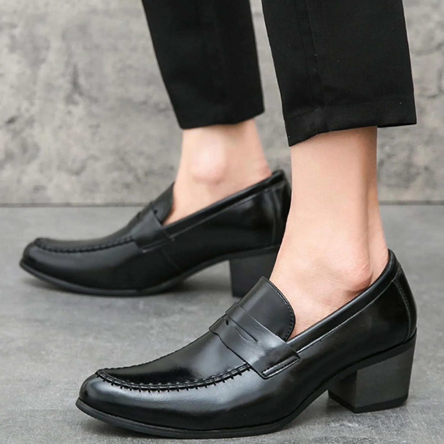 Men's Leather Block Mid-Heel Slip-On Formal Loafers Shoes Retro Handmade Pointed Chunky Heel Non-Slip Slip On Low Top Business Chelsea Oxford Shoes for Work Party Wedding Office