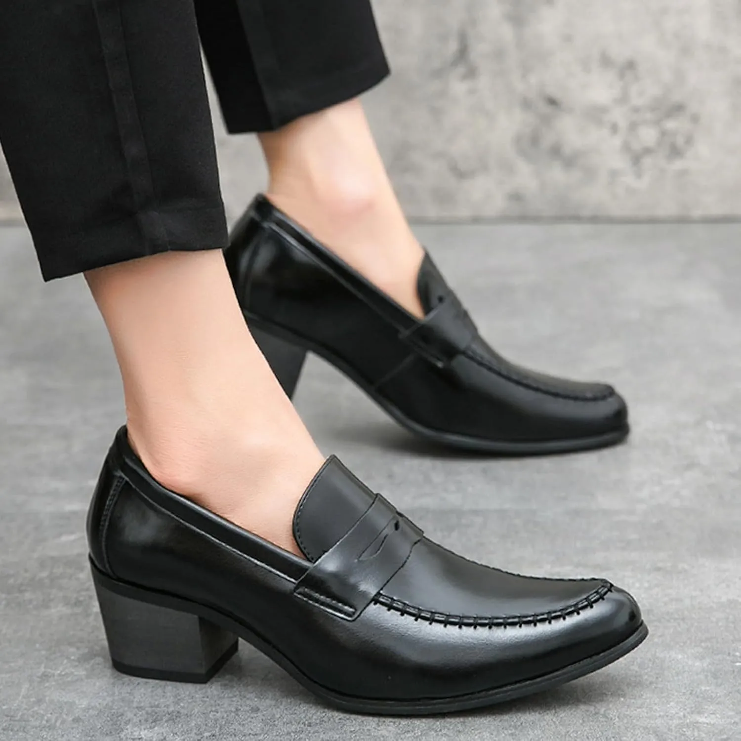 Men's Leather Block Mid-Heel Slip-On Formal Loafers Shoes Retro Handmade Pointed Chunky Heel Non-Slip Slip On Low Top Business Chelsea Oxford Shoes for Work Party Wedding Office
