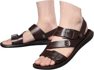 Men's Leather Flat Fisherman Sandals with Adjust Buckle Strap Summer Breatheable Non-Slip Open Toe Outdoor Walking Sandals