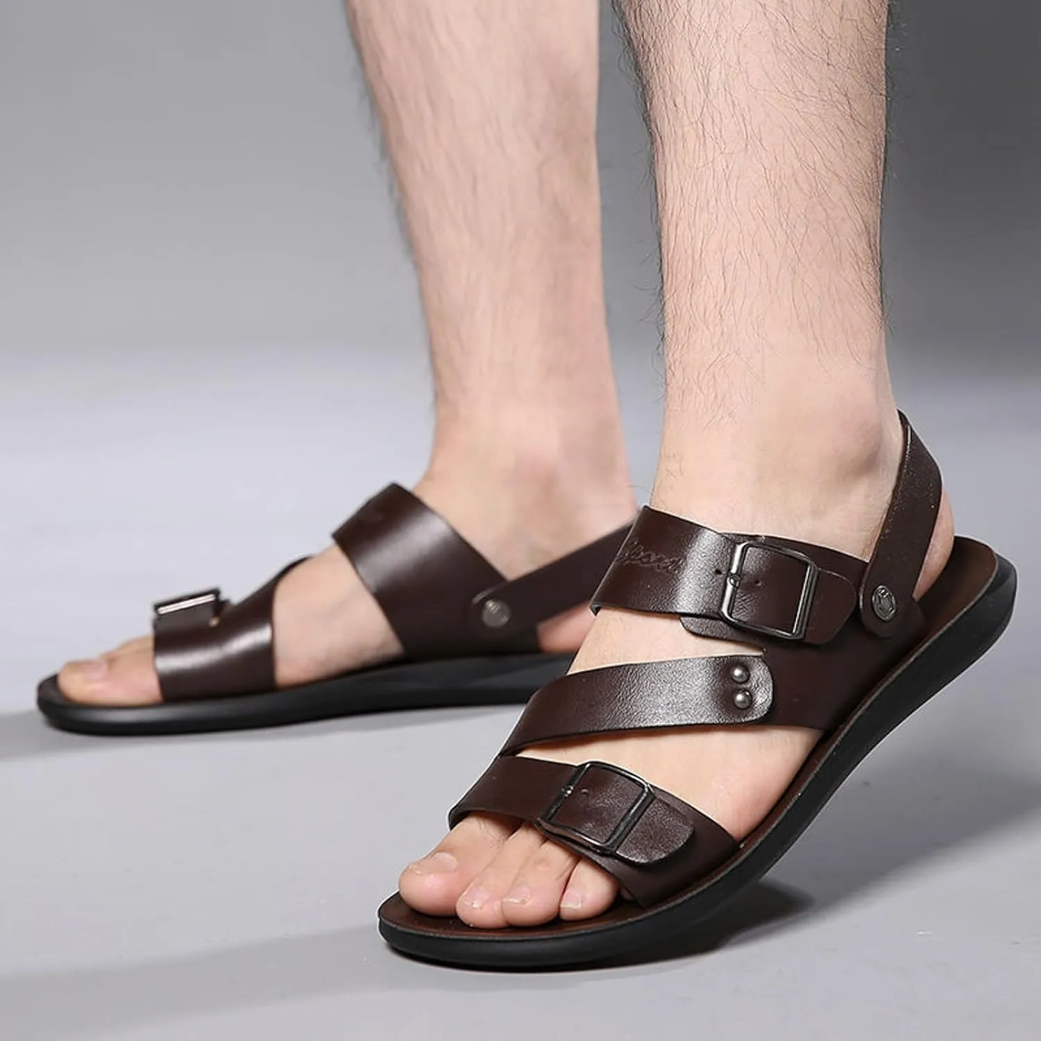 Men's Leather Flat Fisherman Sandals with Adjust Buckle Strap Summer Breatheable Non-Slip Open Toe Outdoor Walking Sandals