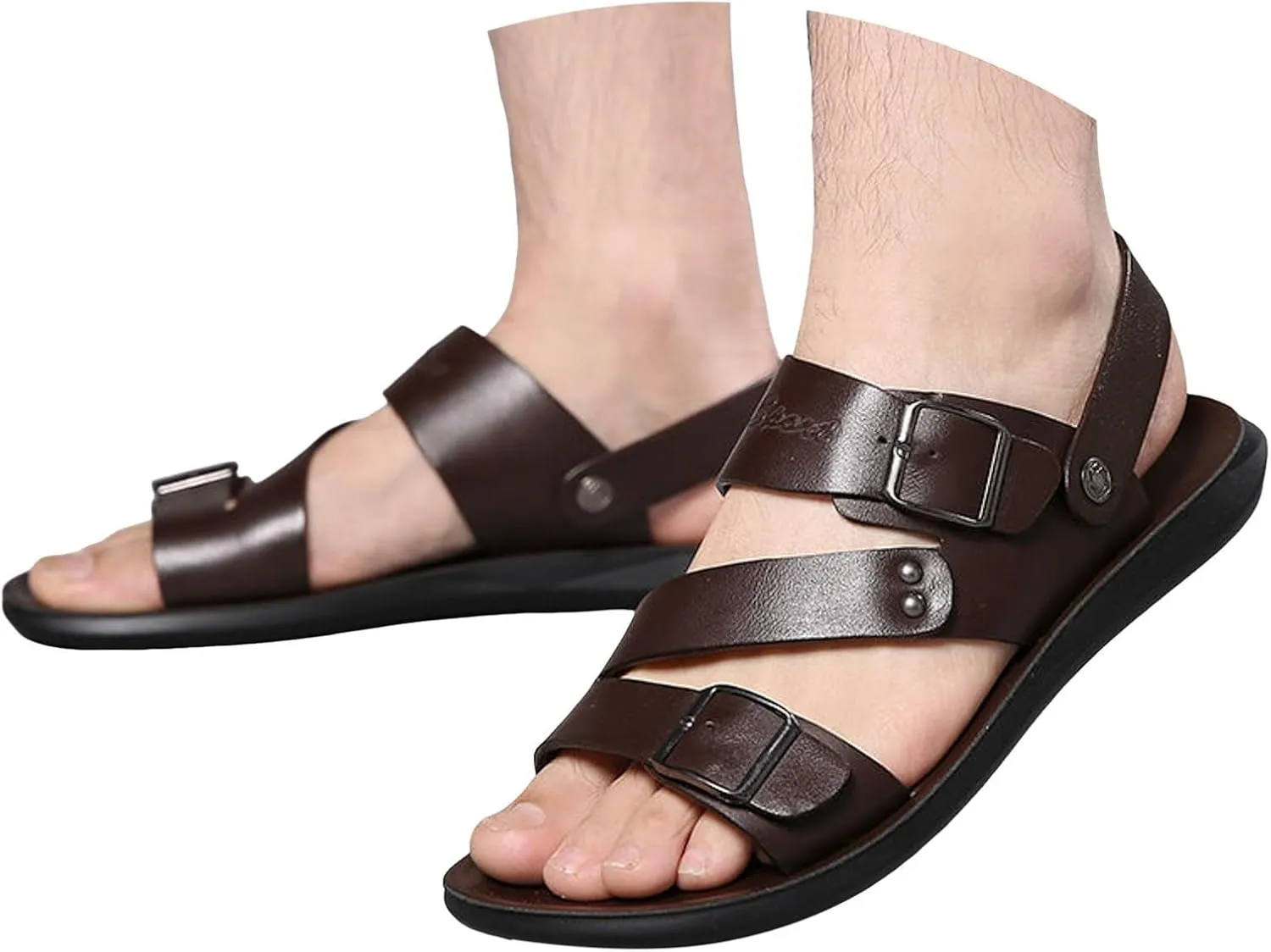 Men's Leather Flat Fisherman Sandals with Adjust Buckle Strap Summer Breatheable Non-Slip Open Toe Outdoor Walking Sandals