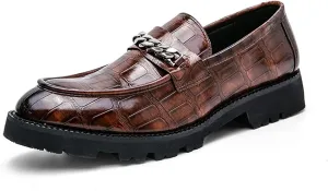 Men's Leather Printing Platform Loafers Fashion Metal Chain Strap Pointed Toe Lug Sole Slip On Casual Shoes for Business Evening Dress Shoes