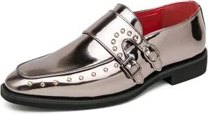 Men's Patent Leather Double Monk Strap Loafer Pointed Toe Slip On Western Wedding Formal Business Casual Comfort Dress Oxford Shoes