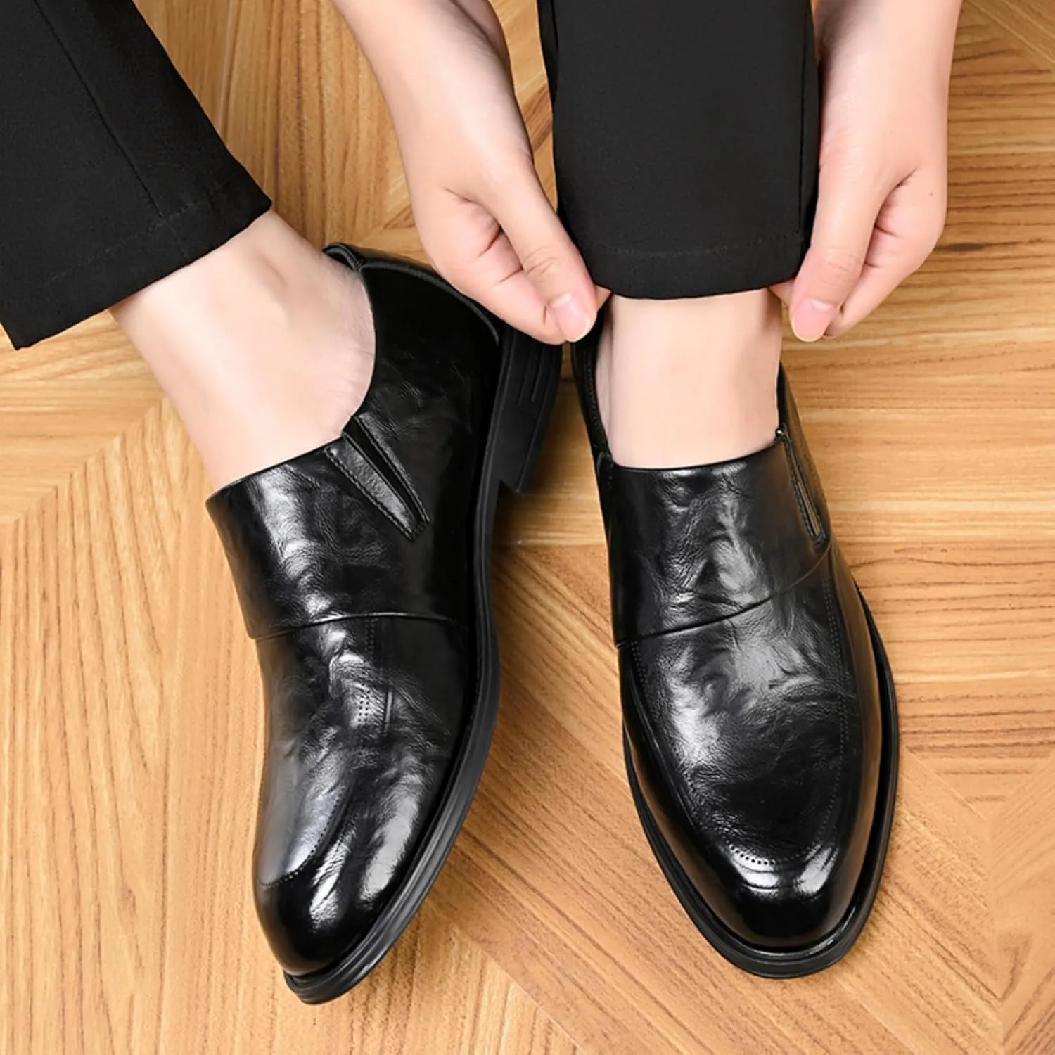 Mens Retro Leather Slip On Dress Loafers Classic Low Heels Pointed Toe Penny Shoes for Formal Business Wedding Office