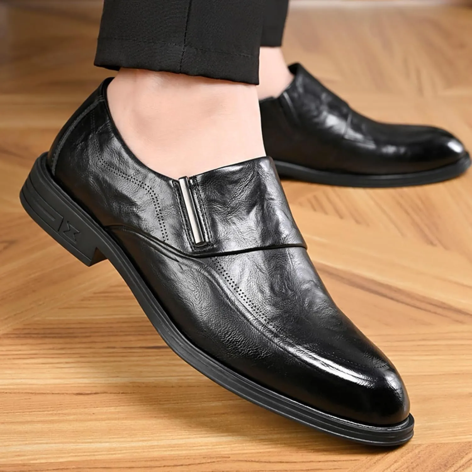 Mens Retro Leather Slip On Dress Loafers Classic Low Heels Pointed Toe Penny Shoes for Formal Business Wedding Office
