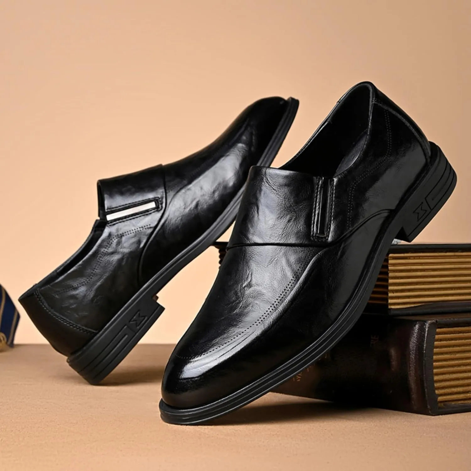 Mens Retro Leather Slip On Dress Loafers Classic Low Heels Pointed Toe Penny Shoes for Formal Business Wedding Office