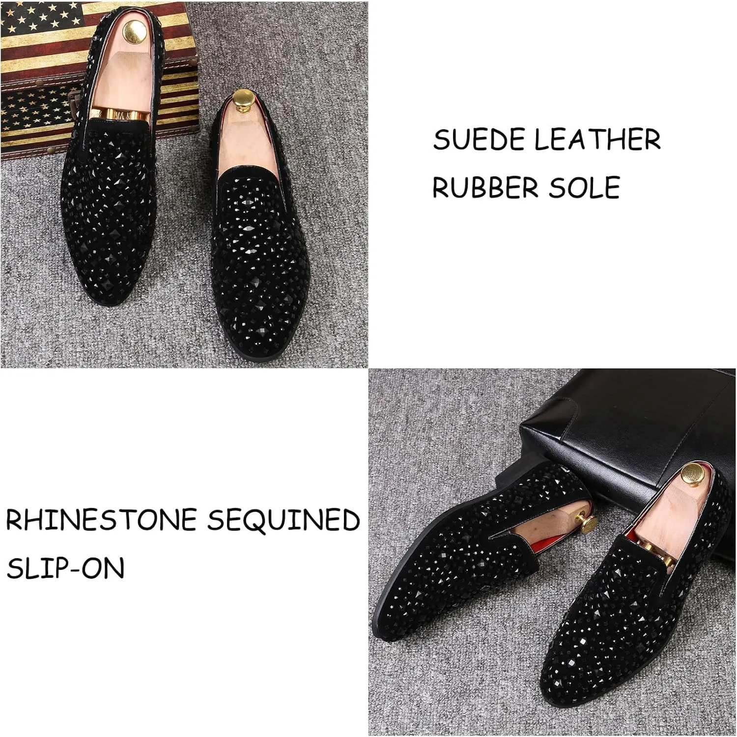 Men's Rhinestone Sequined Slip-on Smoking Loafers,Trendy Suede Pointed Toe Classic Tuxedo Dress Shoes Moccasins Party Wedding Penny Sparkly Shoes