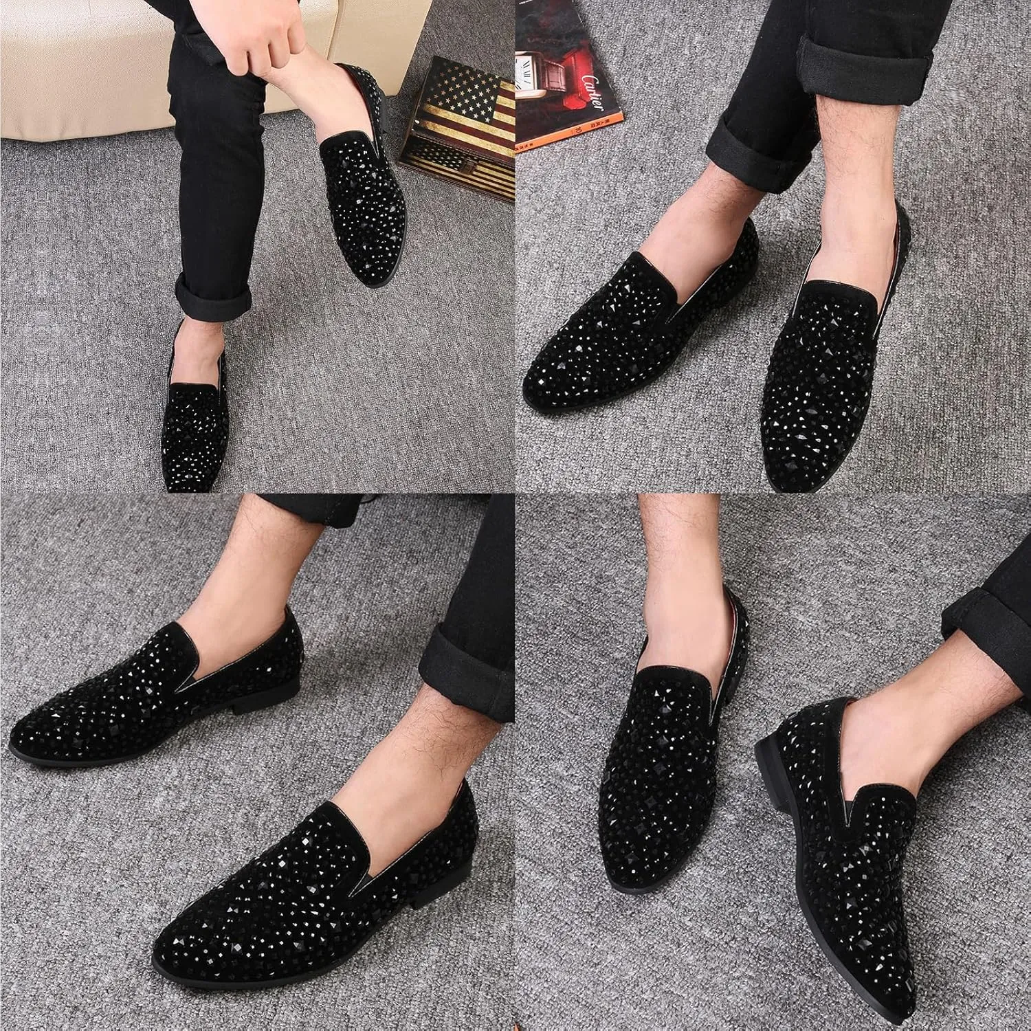 Men's Rhinestone Sequined Slip-on Smoking Loafers,Trendy Suede Pointed Toe Classic Tuxedo Dress Shoes Moccasins Party Wedding Penny Sparkly Shoes