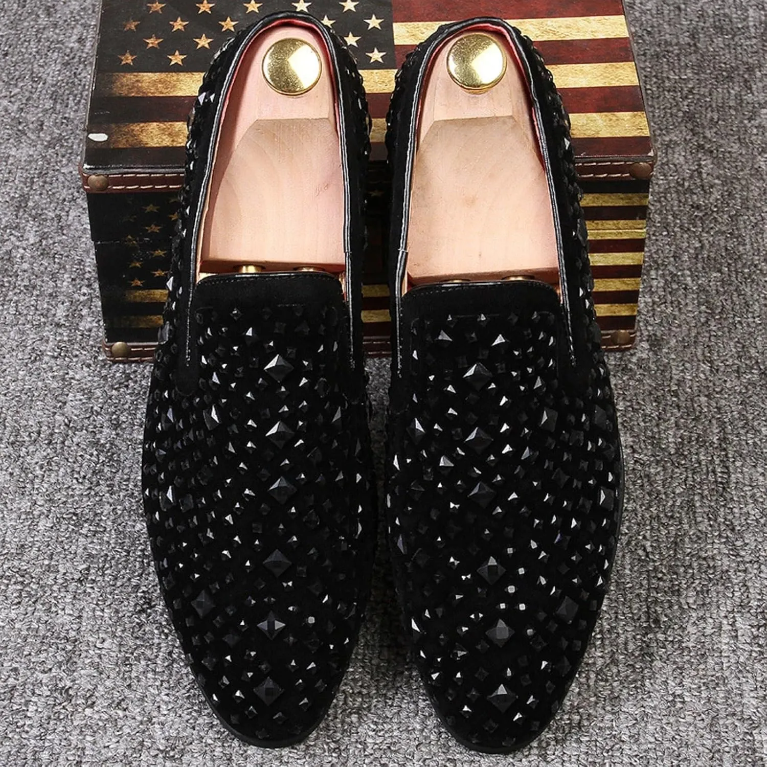 Men's Rhinestone Sequined Slip-on Smoking Loafers,Trendy Suede Pointed Toe Classic Tuxedo Dress Shoes Moccasins Party Wedding Penny Sparkly Shoes