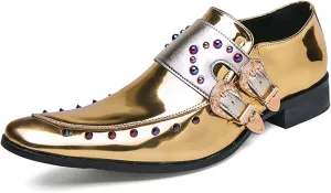 Mens slip on casual leather shoes casual loafers,Fashions pointed toe glisten Fashion gold upper studded decoration chelsea Shoes,Suitable for daily wear, party, nightclub, date, formal wear, etc.