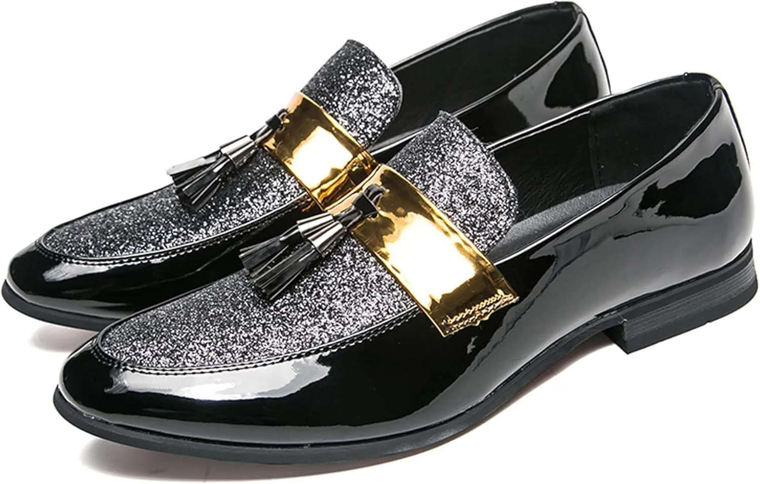 Mens Slip on Glitter Pointed Toe Leather Shoes with Fringe Decoration Chelsea Shoes Mens Formal Loafers Suitable for Daily wear, Party, Nightclub, Date, Formal wear, etc.