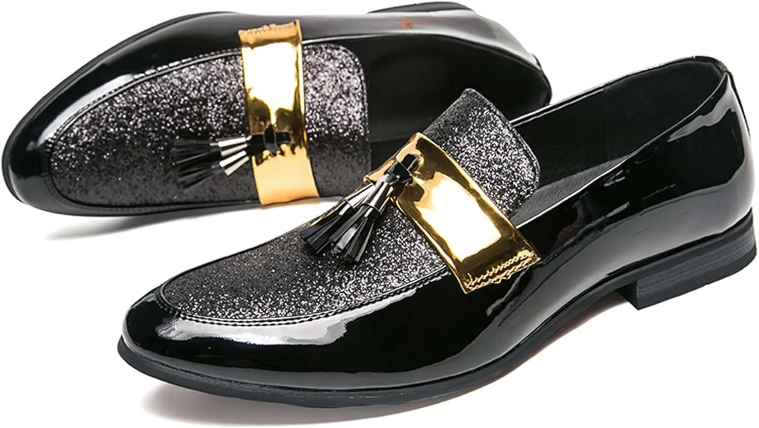 Mens Slip on Glitter Pointed Toe Leather Shoes with Fringe Decoration Chelsea Shoes Mens Formal Loafers Suitable for Daily wear, Party, Nightclub, Date, Formal wear, etc.