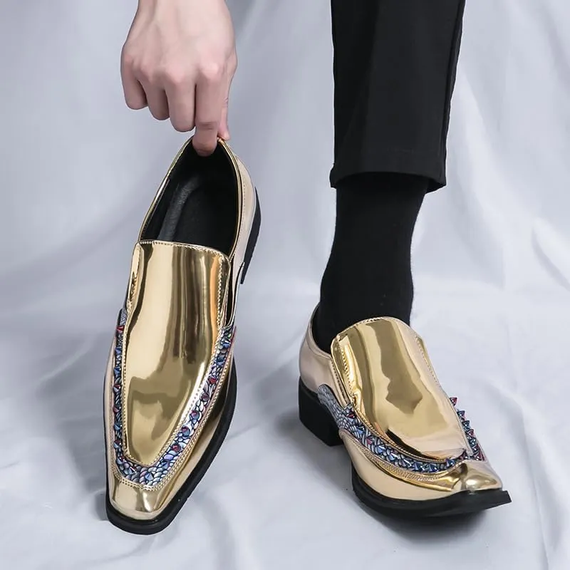 Mens slip on Pointed Toe casual Leather Shoes Snake print studded trim Chelsea Shoes Casual Loafers Mens Formal Loafers Suitable for daily wear, party, nightclub, date, formal wear, etc.(Black /Gold)
