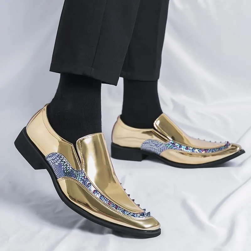 Mens slip on Pointed Toe casual Leather Shoes Snake print studded trim Chelsea Shoes Casual Loafers Mens Formal Loafers Suitable for daily wear, party, nightclub, date, formal wear, etc.(Black /Gold)