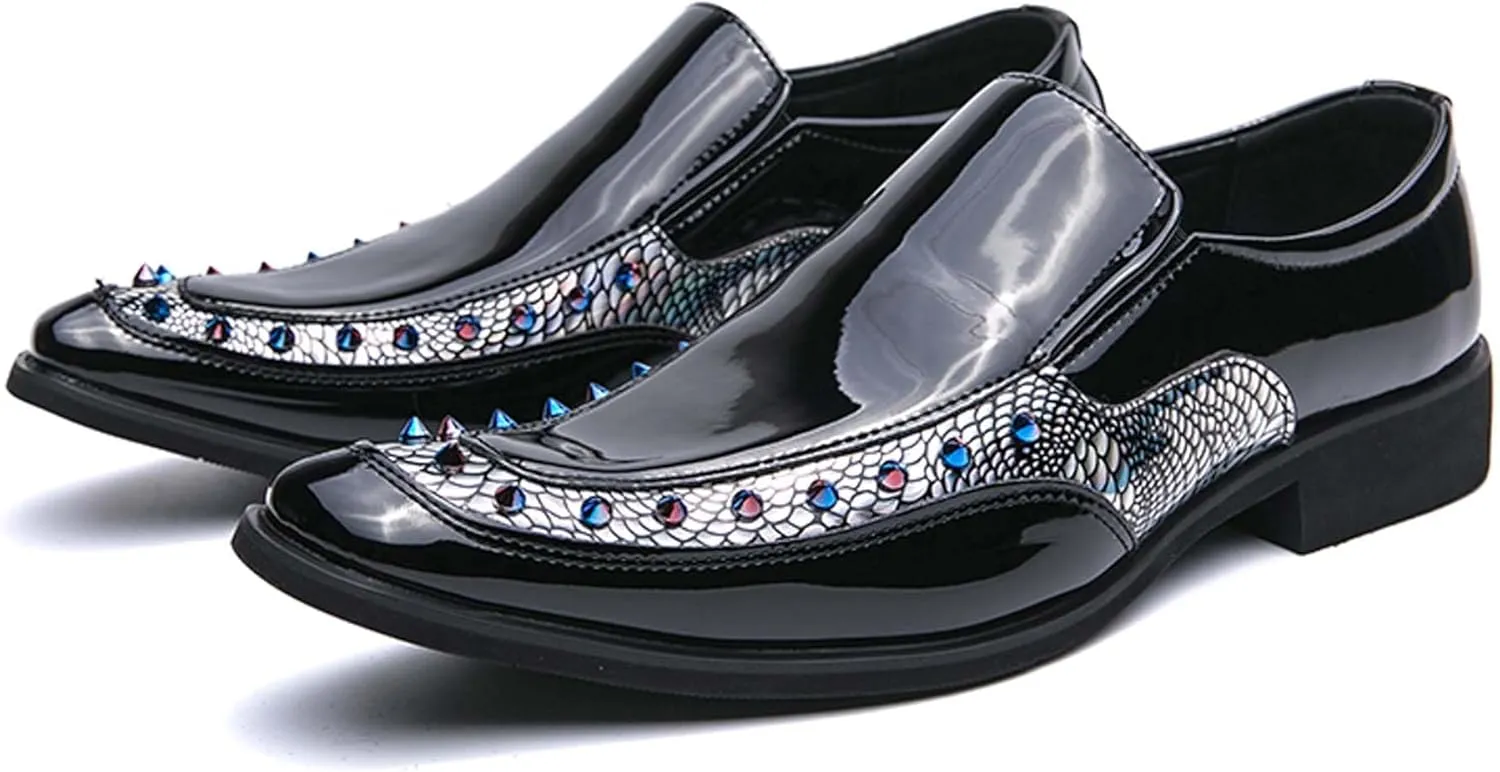 Mens slip on Pointed Toe casual Leather Shoes Snake print studded trim Chelsea Shoes Casual Loafers Mens Formal Loafers Suitable for daily wear, party, nightclub, date, formal wear, etc.(Black /Gold)