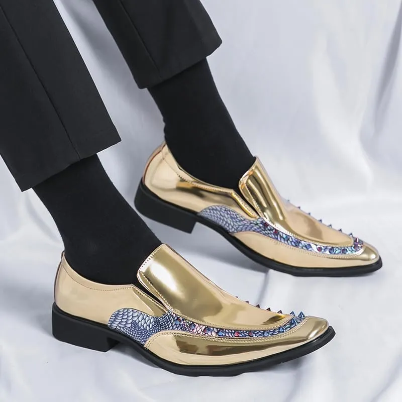 Mens slip on Pointed Toe casual Leather Shoes Snake print studded trim Chelsea Shoes Casual Loafers Mens Formal Loafers Suitable for daily wear, party, nightclub, date, formal wear, etc.(Black /Gold)