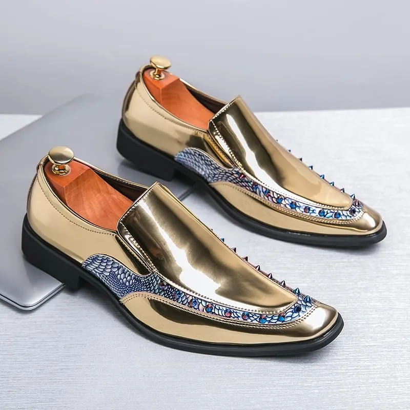 Mens slip on Pointed Toe casual Leather Shoes Snake print studded trim Chelsea Shoes Casual Loafers Mens Formal Loafers Suitable for daily wear, party, nightclub, date, formal wear, etc.(Black /Gold)