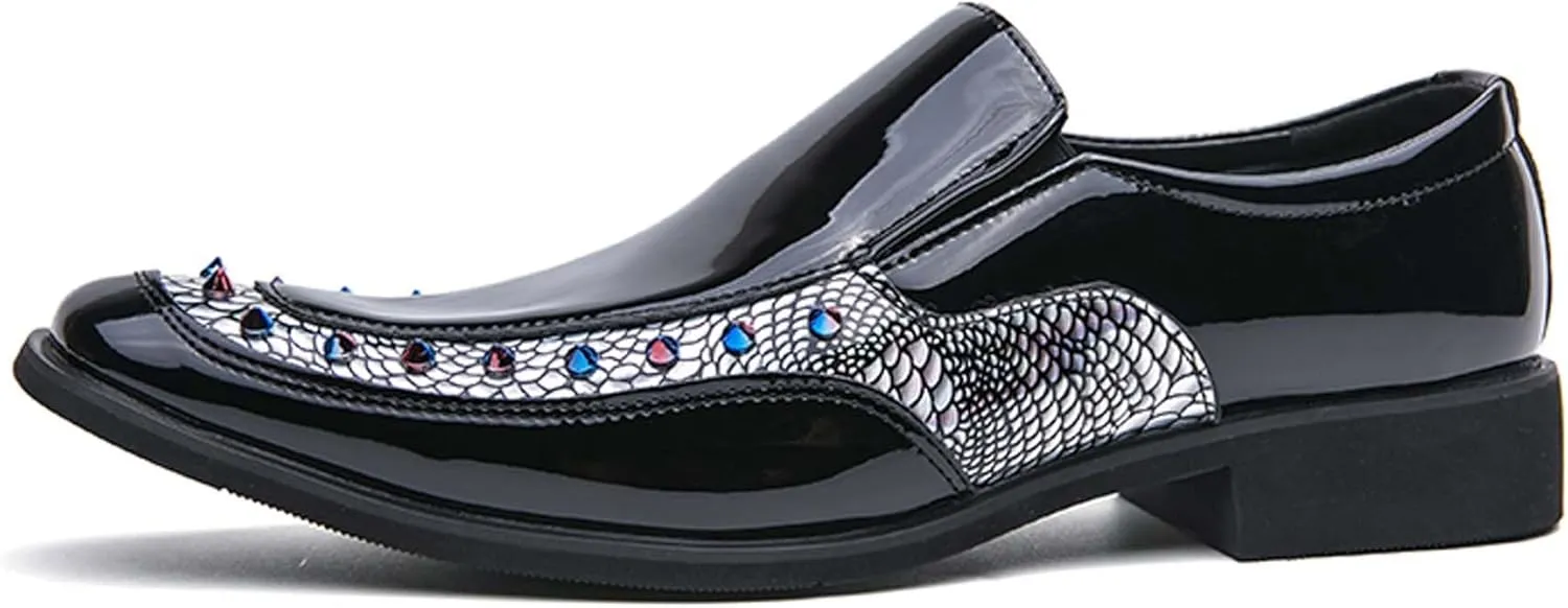 Mens slip on Pointed Toe casual Leather Shoes Snake print studded trim Chelsea Shoes Casual Loafers Mens Formal Loafers Suitable for daily wear, party, nightclub, date, formal wear, etc.(Black /Gold)