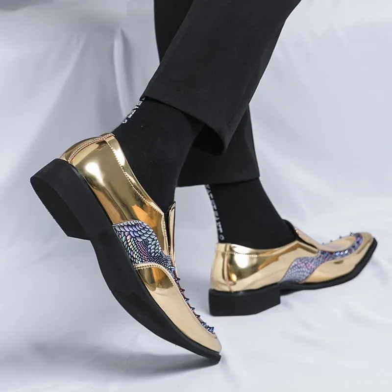 Mens slip on Pointed Toe casual Leather Shoes Snake print studded trim Chelsea Shoes Casual Loafers Mens Formal Loafers Suitable for daily wear, party, nightclub, date, formal wear, etc.(Black /Gold)