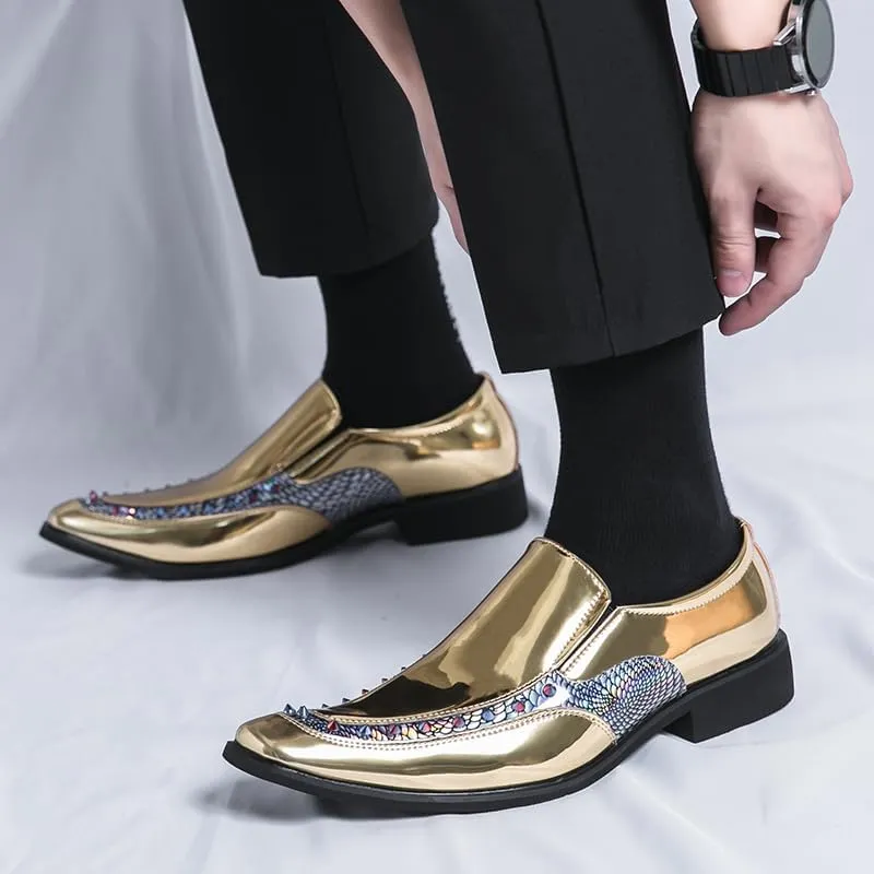 Mens slip on Pointed Toe casual Leather Shoes Snake print studded trim Chelsea Shoes Casual Loafers Mens Formal Loafers Suitable for daily wear, party, nightclub, date, formal wear, etc.(Black /Gold)