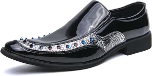 Mens slip on Pointed Toe casual Leather Shoes Snake print studded trim Chelsea Shoes Casual Loafers Mens Formal Loafers Suitable for daily wear, party, nightclub, date, formal wear, etc.(Black /Gold)