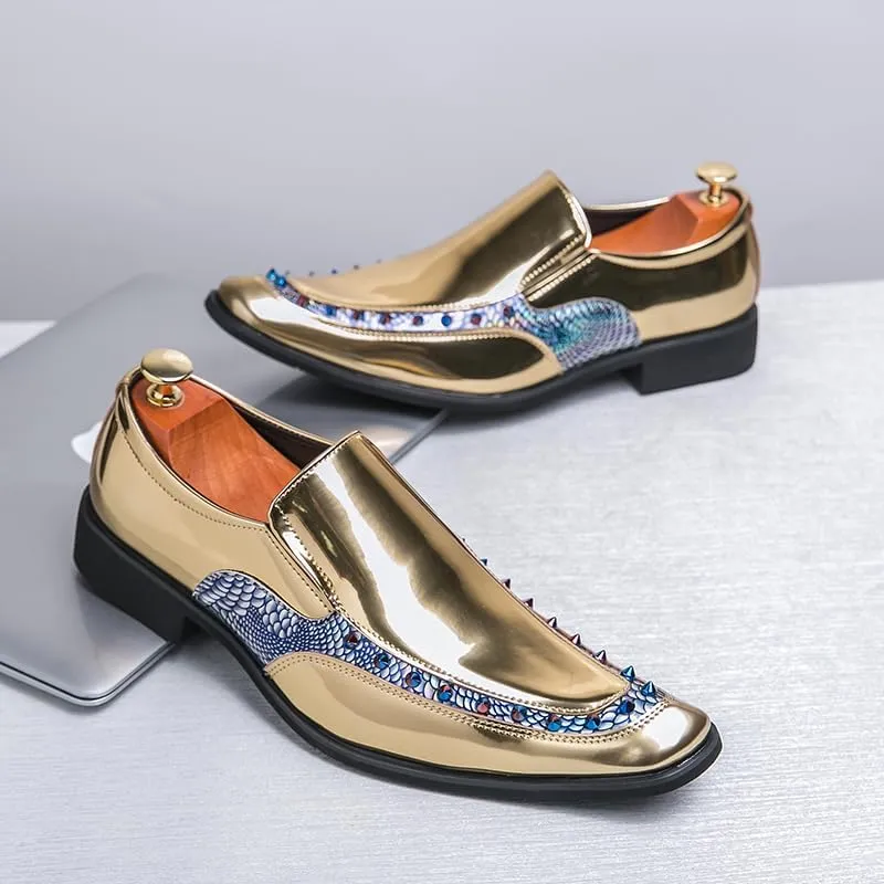Mens slip on Pointed Toe casual Leather Shoes Snake print studded trim Chelsea Shoes Casual Loafers Mens Formal Loafers Suitable for daily wear, party, nightclub, date, formal wear, etc.(Black /Gold)