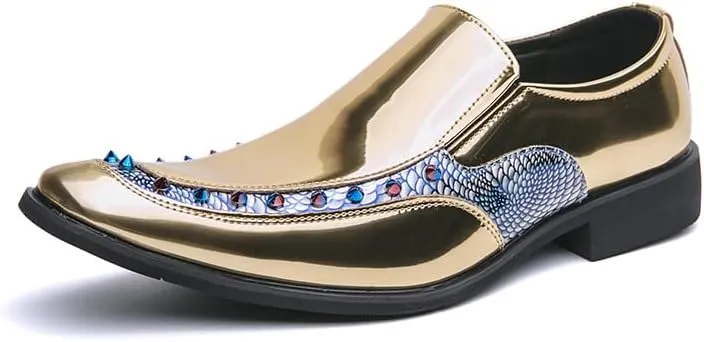 Mens slip on Pointed Toe casual Leather Shoes Snake print studded trim Chelsea Shoes Casual Loafers Mens Formal Loafers Suitable for daily wear, party, nightclub, date, formal wear, etc.(Black /Gold)