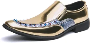 Mens slip on Pointed Toe casual Leather Shoes Snake print studded trim Chelsea Shoes Casual Loafers Mens Formal Loafers Suitable for daily wear, party, nightclub, date, formal wear, etc.(Black /Gold)