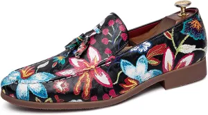 Mens Slip on Pointed Toe Loafers with Flower Design Fringe Decoration Chelsea Shoes Leather Shoes Mens Formal Loafers Suitable for Daily wear, Party, Nightclub, Date, Formal wear, etc.