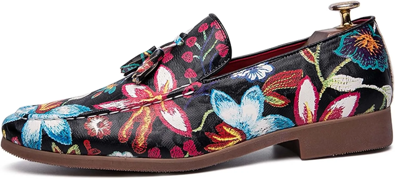 Mens Slip on Pointed Toe Loafers with Flower Design Fringe Decoration Chelsea Shoes Leather Shoes Mens Formal Loafers Suitable for Daily wear, Party, Nightclub, Date, Formal wear, etc.