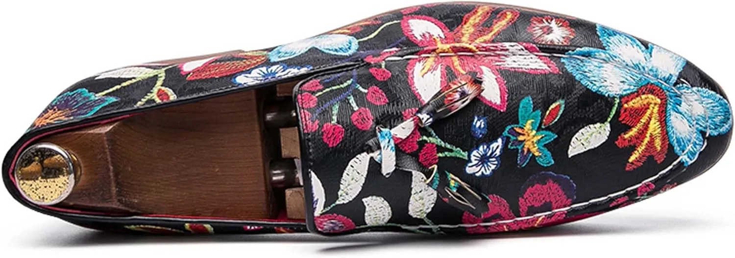 Mens Slip on Pointed Toe Loafers with Flower Design Fringe Decoration Chelsea Shoes Leather Shoes Mens Formal Loafers Suitable for Daily wear, Party, Nightclub, Date, Formal wear, etc.