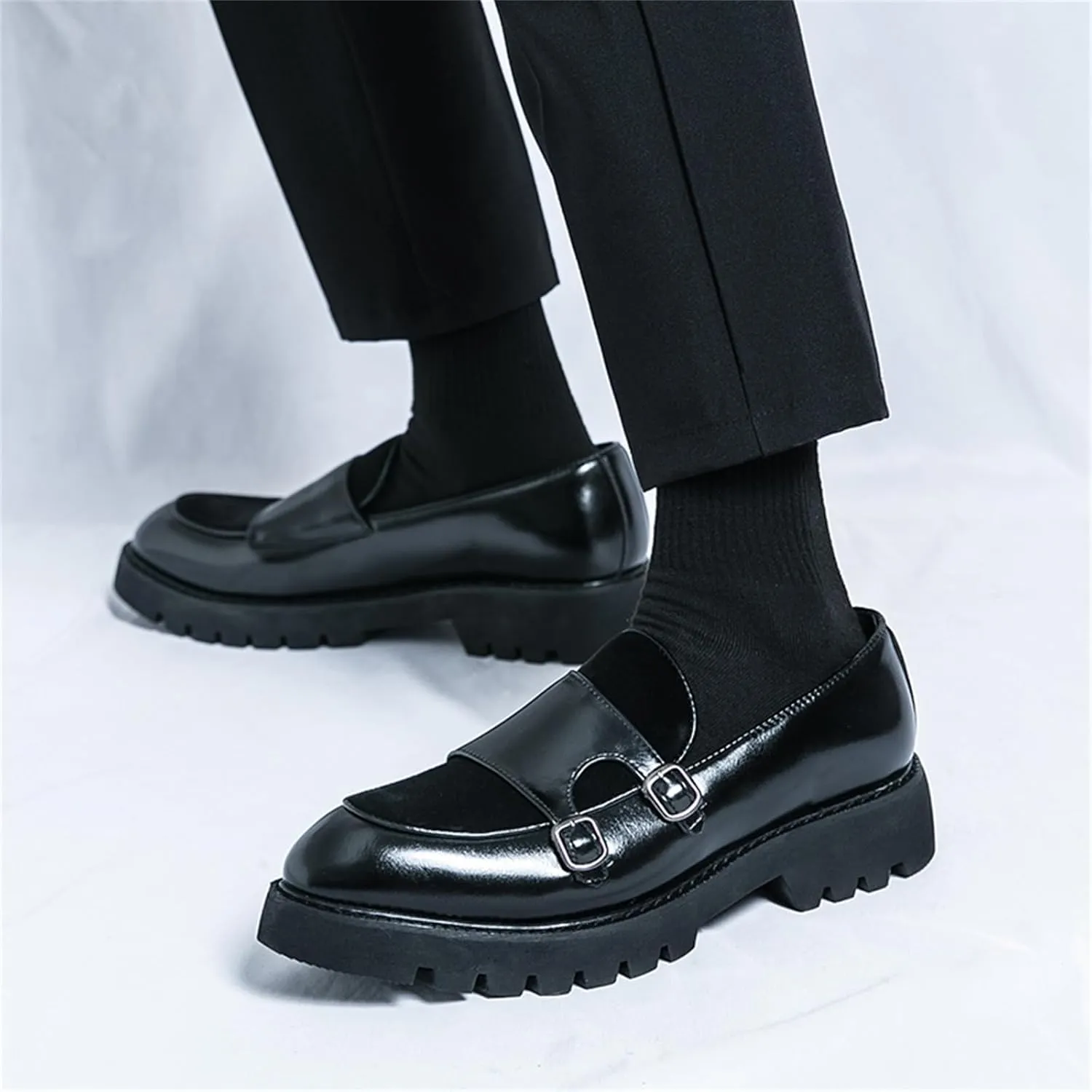 Men's Suede Platform Slip On Loafers with Double Monk Strap Retro Low Top Pointed Toe Dress Loafers for Formal Business Party Wedding