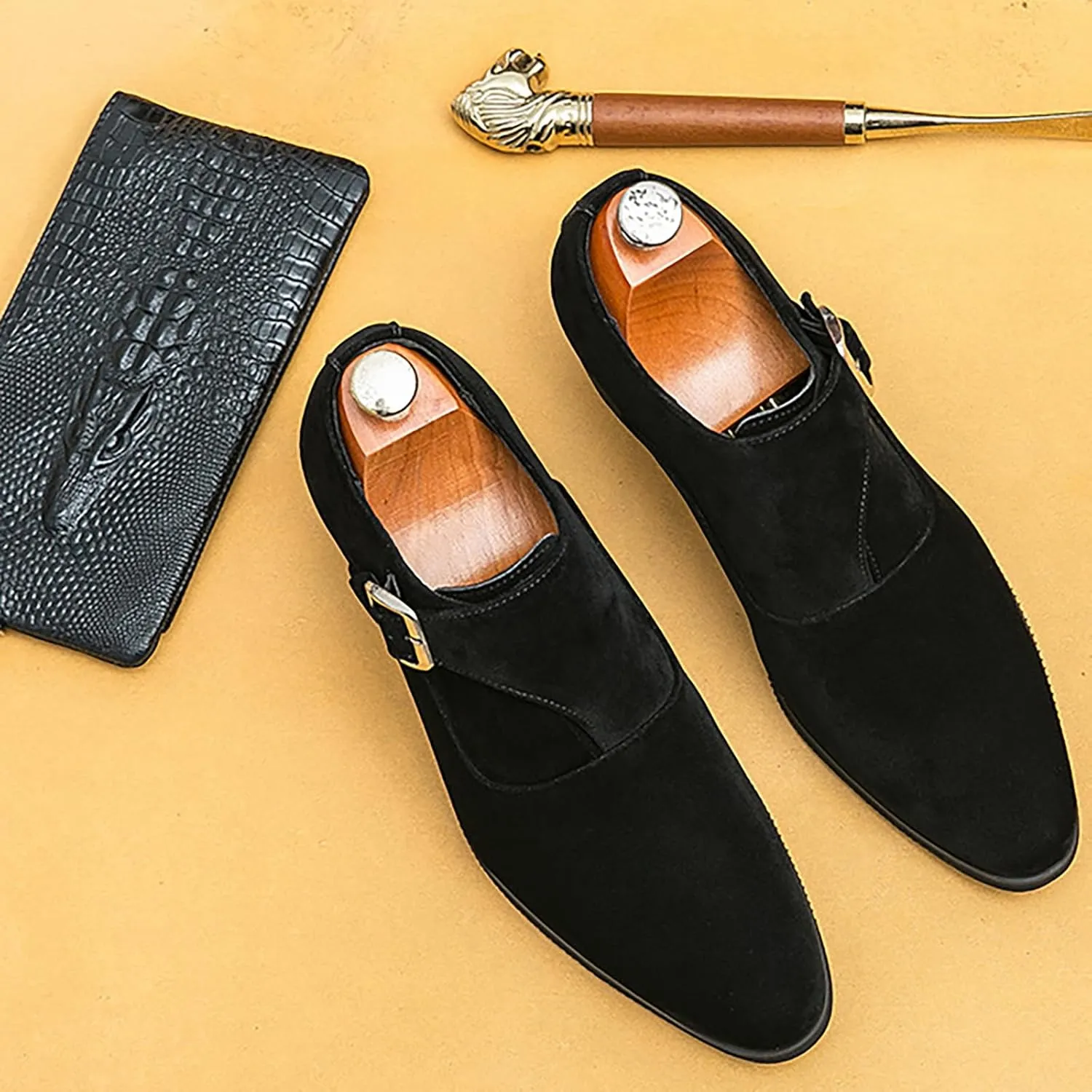 Men's Suede Pointed Toe Chunky Heel Monk Strap Loafers Fashion Classic Slip-On Casual Comfort Low Top Business Dress Chelsea Boot Shoes for Wedding Party Prom
