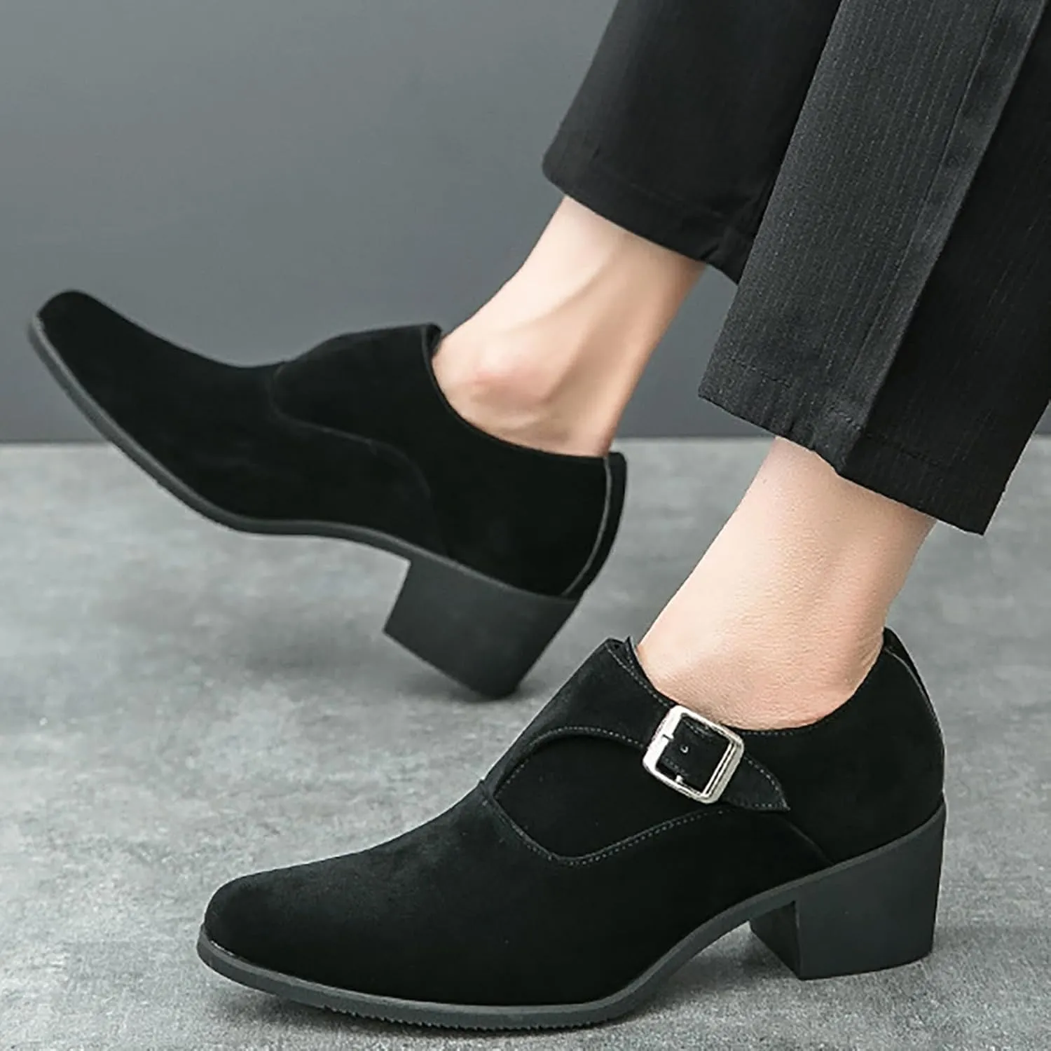 Men's Suede Pointed Toe Chunky Heel Monk Strap Loafers Fashion Classic Slip-On Casual Comfort Low Top Business Dress Chelsea Boot Shoes for Wedding Party Prom