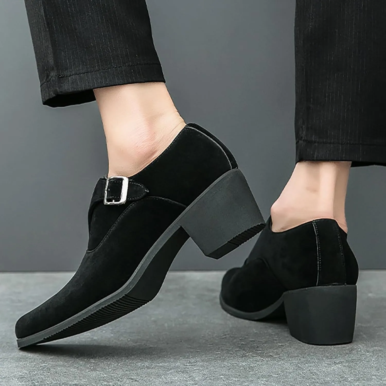 Men's Suede Pointed Toe Chunky Heel Monk Strap Loafers Fashion Classic Slip-On Casual Comfort Low Top Business Dress Chelsea Boot Shoes for Wedding Party Prom