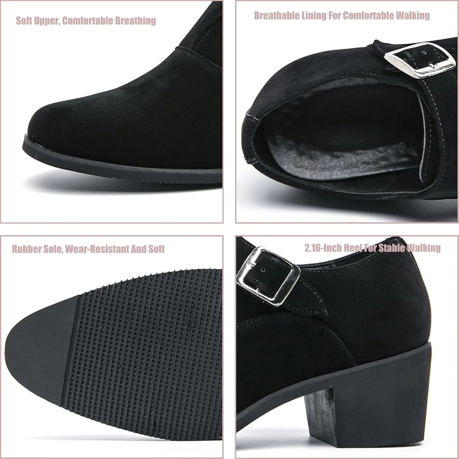 Men's Suede Pointed Toe Chunky Heel Monk Strap Loafers Fashion Classic Slip-On Casual Comfort Low Top Business Dress Chelsea Boot Shoes for Wedding Party Prom