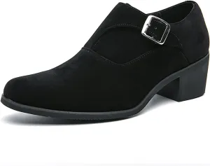 Men's Suede Pointed Toe Chunky Heel Monk Strap Loafers Fashion Classic Slip-On Casual Comfort Low Top Business Dress Chelsea Boot Shoes for Wedding Party Prom