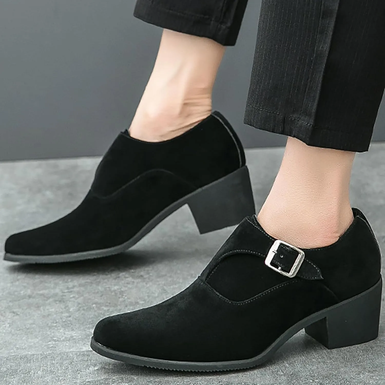 Men's Suede Pointed Toe Chunky Heel Monk Strap Loafers Fashion Classic Slip-On Casual Comfort Low Top Business Dress Chelsea Boot Shoes for Wedding Party Prom