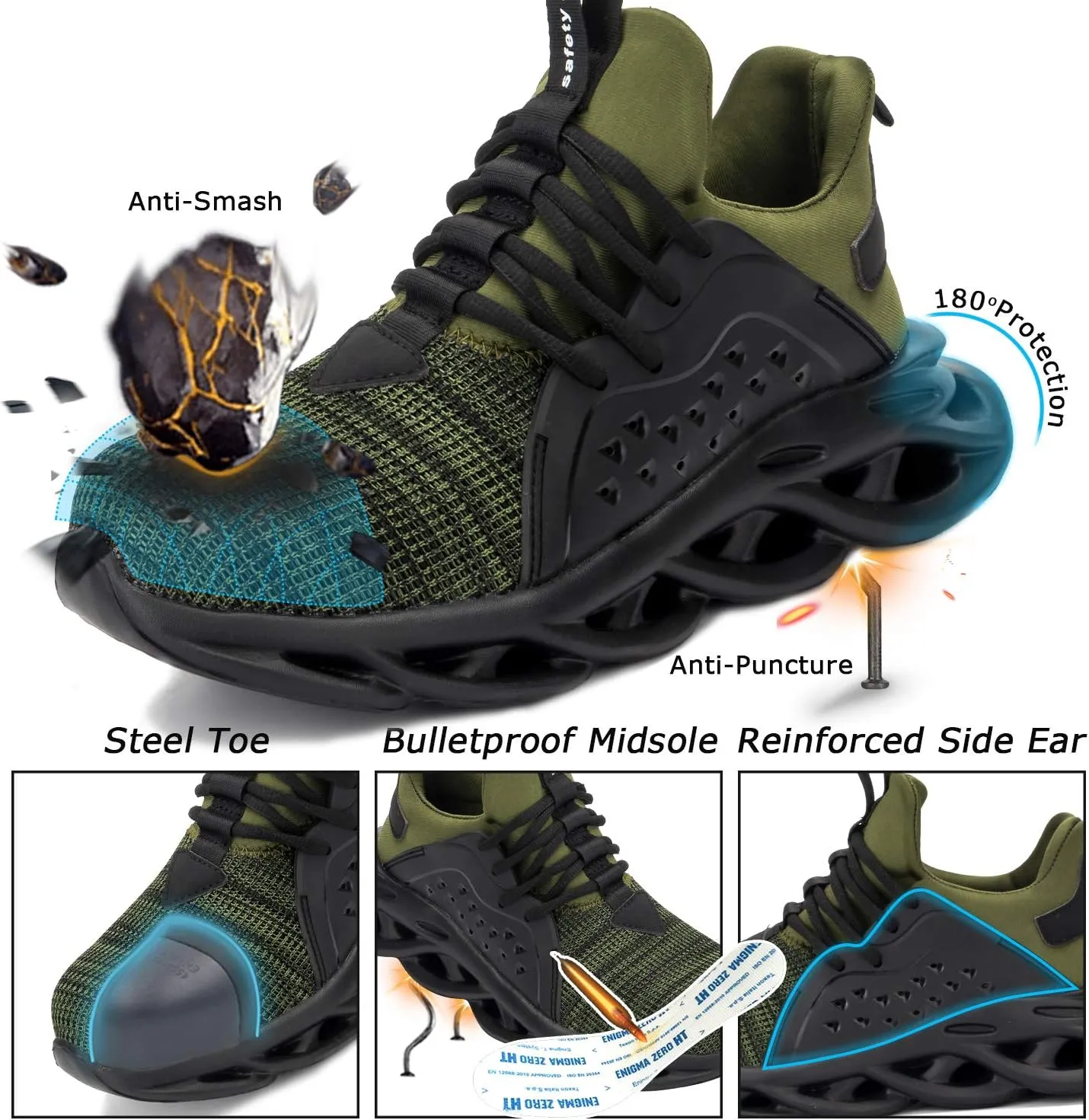 Men's/Unisex Black Steel Toe Sneakers, Lightweight Industrial & Construction Shoes, Size 5 Women/3 Men