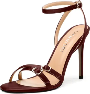 MERRORI Women's High Stiletto Slingback Buckle Heels Open Round Toe Ankle Strap Sexy Comfortable Satin Sandals Wedding Bridal Evening Prom Party Dress Shoes