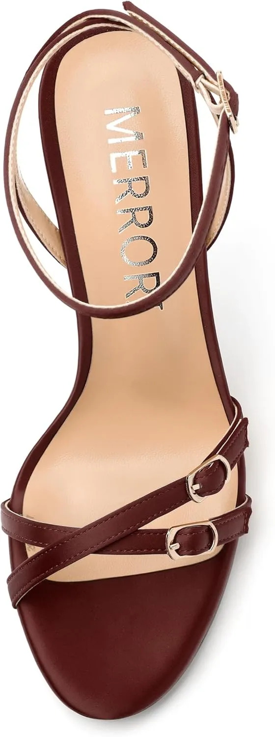 MERRORI Women's High Stiletto Slingback Buckle Heels Open Round Toe Ankle Strap Sexy Comfortable Satin Sandals Wedding Bridal Evening Prom Party Dress Shoes