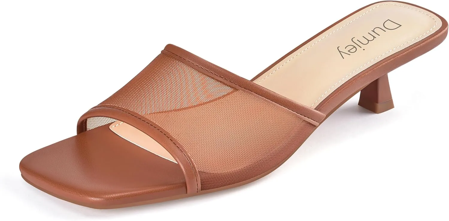 Mesh Heel Mules for Women Kitten Heeled Sandals Square Open Toe Comfort Slip On Casual Shoes