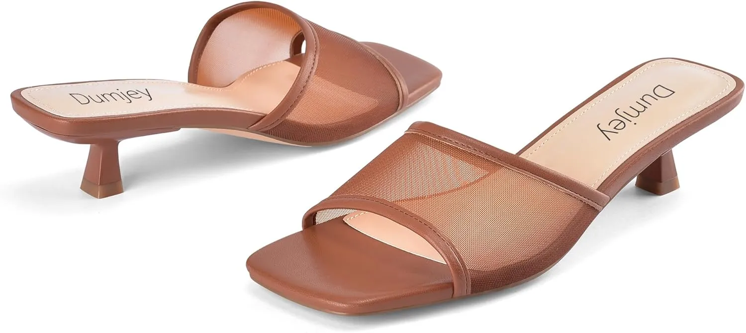 Mesh Heel Mules for Women Kitten Heeled Sandals Square Open Toe Comfort Slip On Casual Shoes
