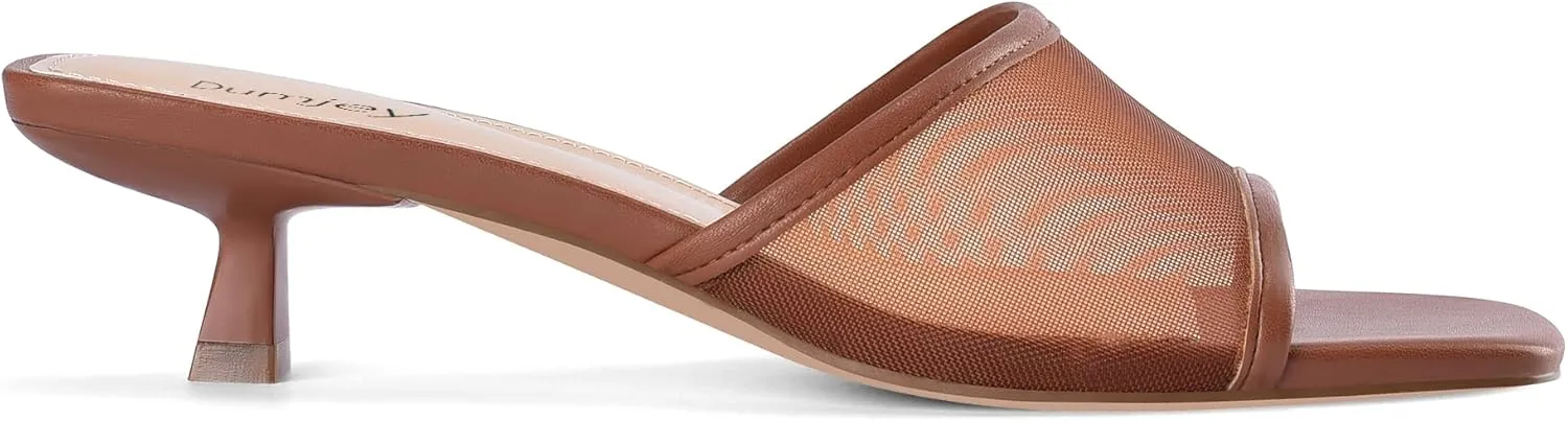 Mesh Heel Mules for Women Kitten Heeled Sandals Square Open Toe Comfort Slip On Casual Shoes