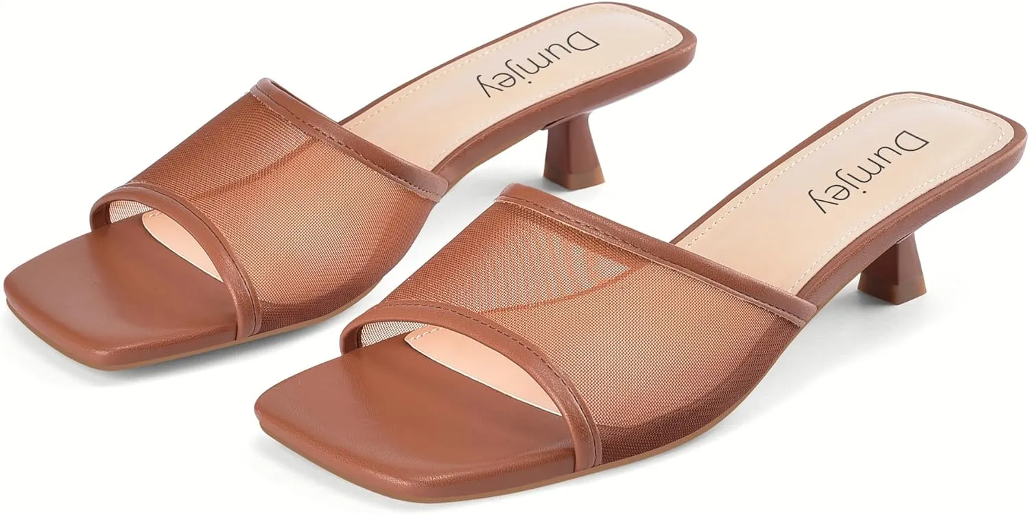 Mesh Heel Mules for Women Kitten Heeled Sandals Square Open Toe Comfort Slip On Casual Shoes