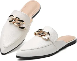 Metal Chain Decor Flat Mules for Women Closed Pointed Toe Slip on Loafers Slides Backless Mules Shoes
