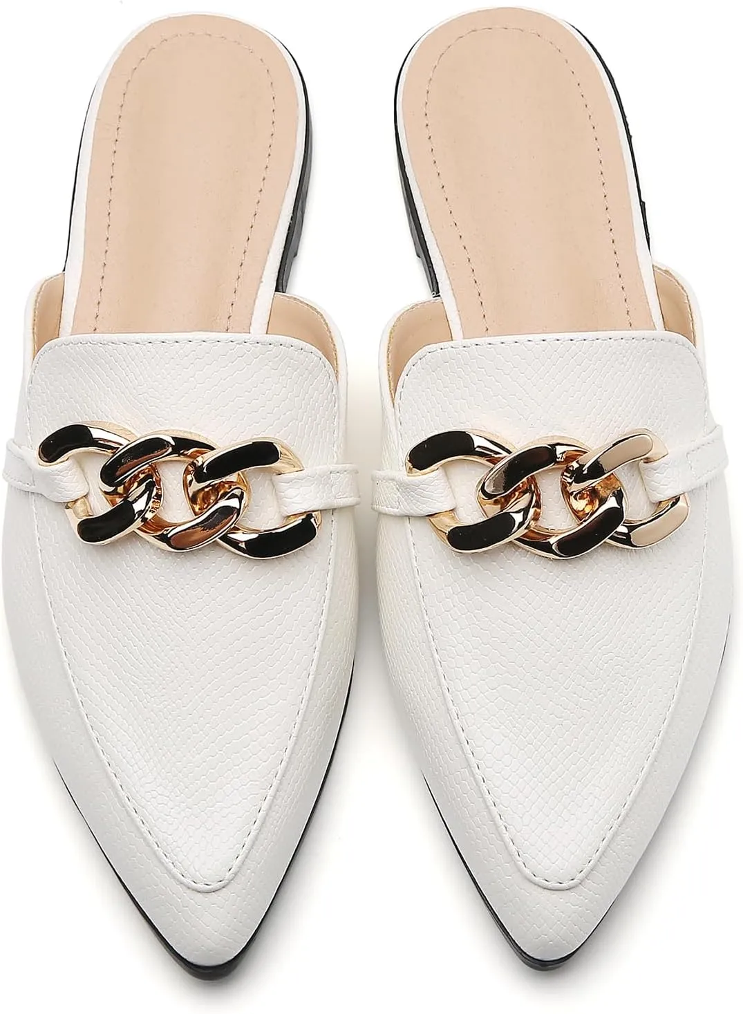 Metal Chain Decor Flat Mules for Women Closed Pointed Toe Slip on Loafers Slides Backless Mules Shoes