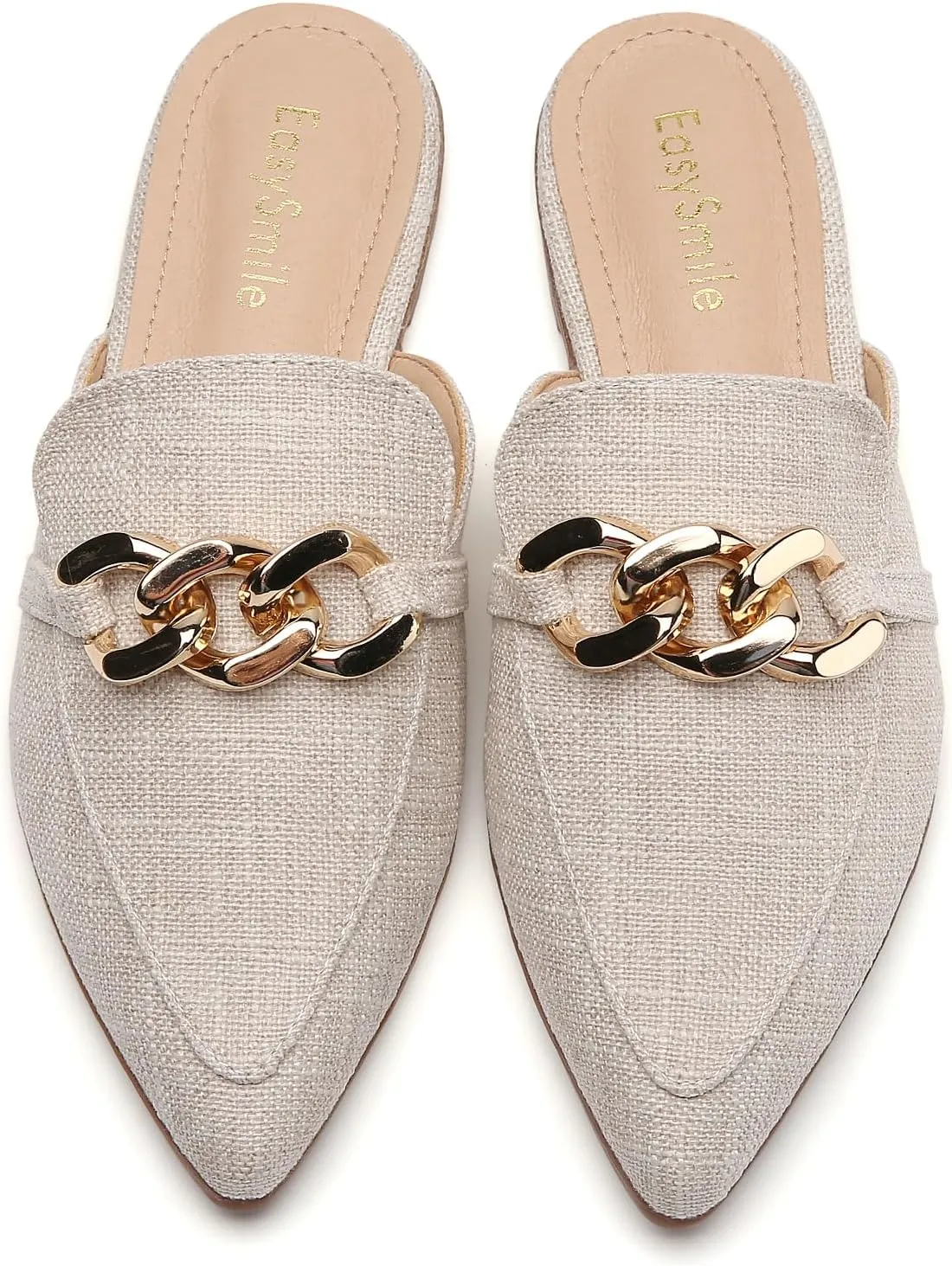 Metal Chain Decor Flat Mules for Women Closed Pointed Toe Slip on Loafers Slides Backless Mules Shoes