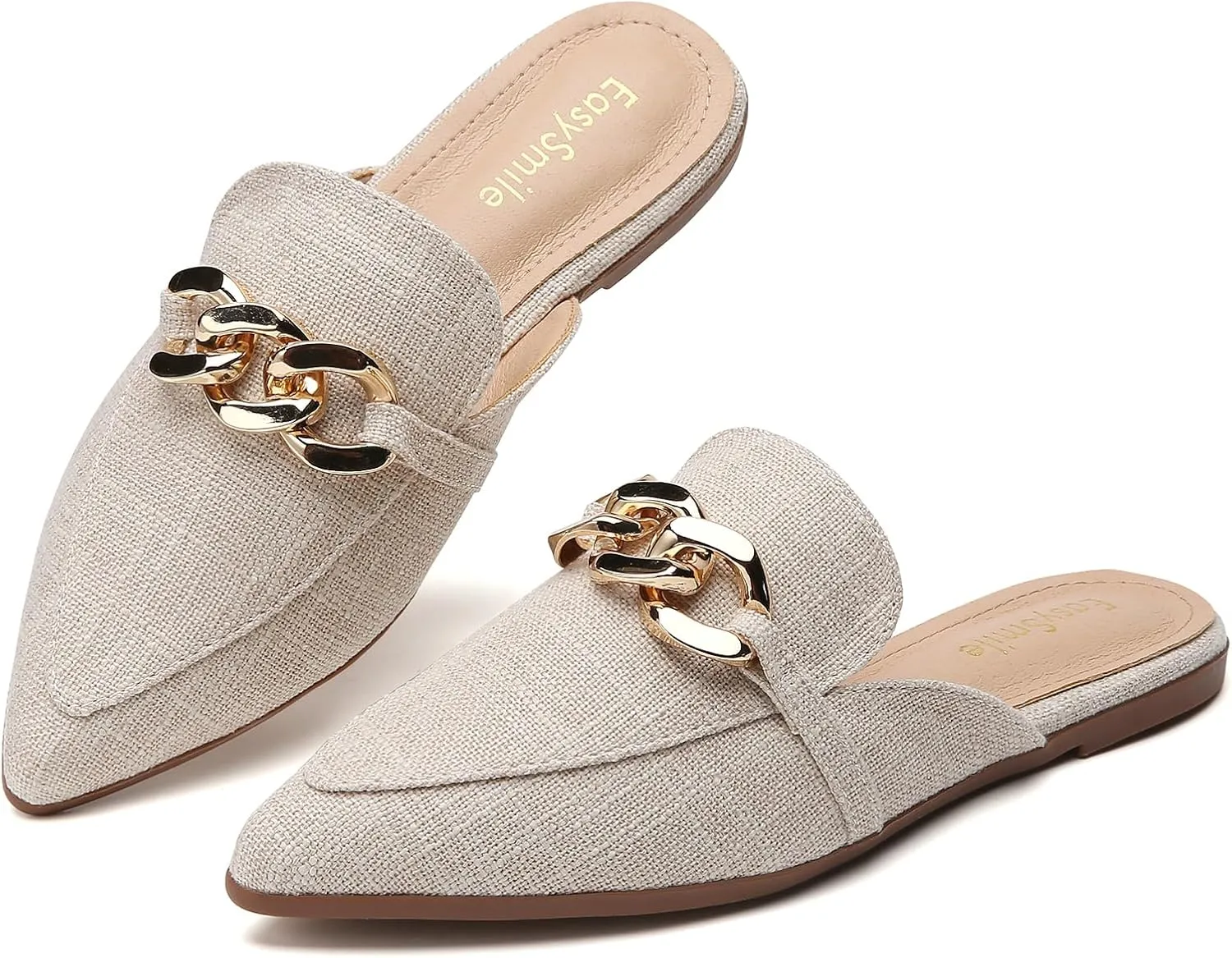 Metal Chain Decor Flat Mules for Women Closed Pointed Toe Slip on Loafers Slides Backless Mules Shoes